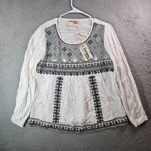 NEW Savanna Jane Embroidered Top Blouse Women Large Geometric Blak White
